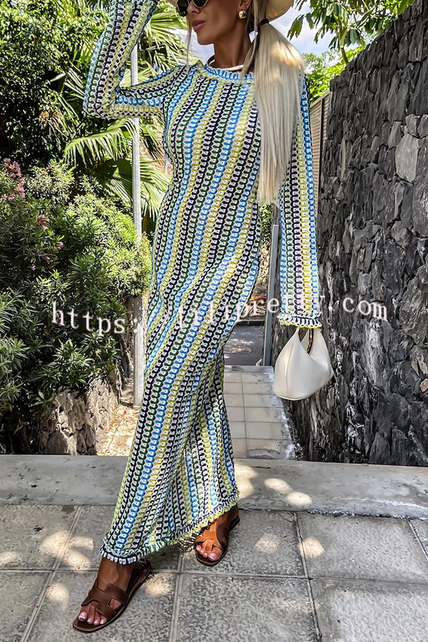 Lilipretty® Ruffled Backless Long-sleeved Wavy Striped Beach Resort Maxi Dress