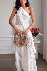 Solid Color Lace One Shoulder Ruffled Slim Fit Top