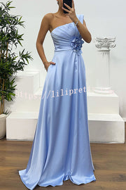 Nasha Satin Pleated One Shoulder Petal Gemstone Detail Pocket Slit Maxi Dress