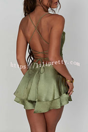 Ruffled Elegant Satin Strappy Satin Backless Lace Up Mini Dress