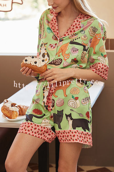 Coffee Cat Print Home Shorts Two-piece Set