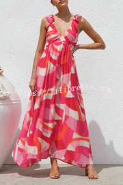 Unique Printed V-neck Ruffled Straps Pleated Back Maxi Dress