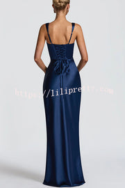 Calanthe Satin Square Neck Ruched Back Lace-up Drape Mesh Scarf Maxi Dress