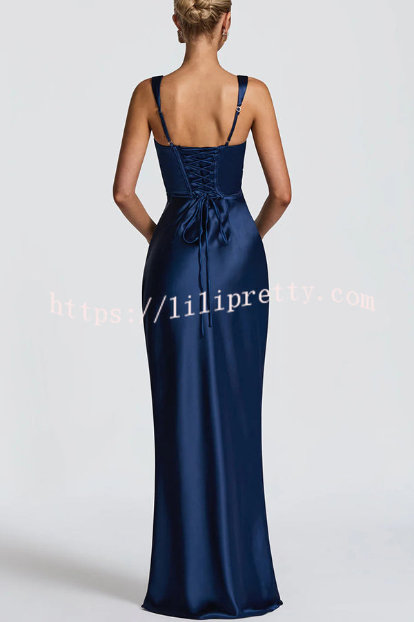 Calanthe Satin Square Neck Ruched Back Lace-up Drape Mesh Scarf Maxi Dress
