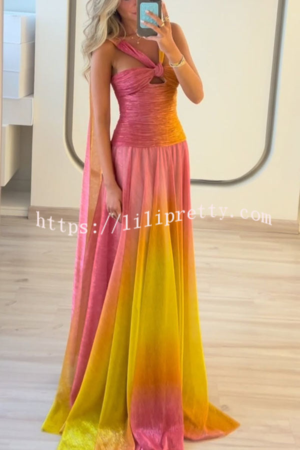 Vireya Metallic Fabric Gradient Print Ruched Cutout Halter Maxi Dress
