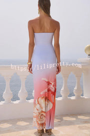 Fresh and Chic Sea Print Off Shoulder Metal Shell Cutout Stretch Maxi Dress