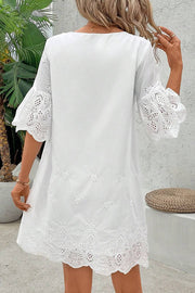 Solid Color Hollow Embroidery Casual Lace V-Neck Mini Dress