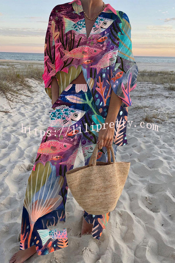 Ocean Fish Print Oversized Shirt and Elastic Waist Pocket Pants Set