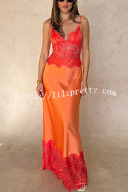 Elegant Evening Satin Lace Patchwork See-through Waist Slip Maxi Dress