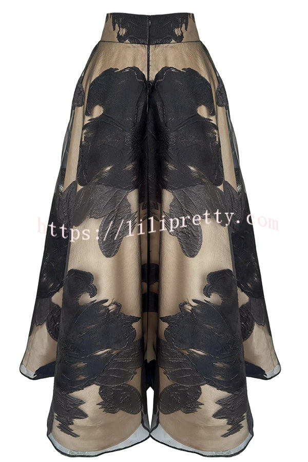 Chic Celebration Tulle Floral Pattern Jacquard High Rise Flared Maxi Skirt