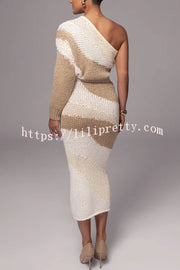 Soft Autumn Knit Colorblock One Shoulder Sleeve Ribbed Trim Loose Sweater