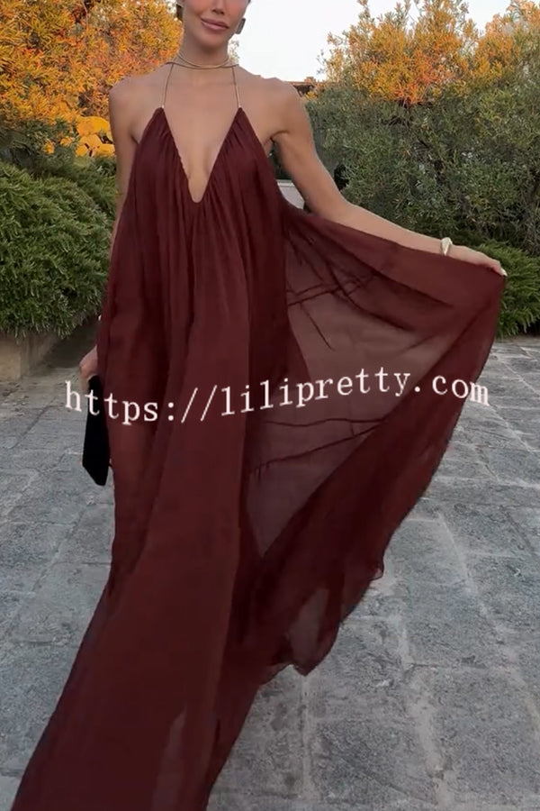 Flowing Lightweight Chiffon Chain Halter Neck Detail Backless A-line Maxi Dress