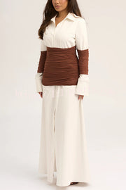 Fashionable Pleated Contrast Patchwork Waist Long Sleeve Button Shirt Maxi Dress