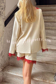 Love Letter Contrast Lace Detail Long Sleeve Wave Lapel Loose Blazer