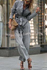 Casual Meetup Denim Stand Neck Long Sleeve Belted Loose Jacket