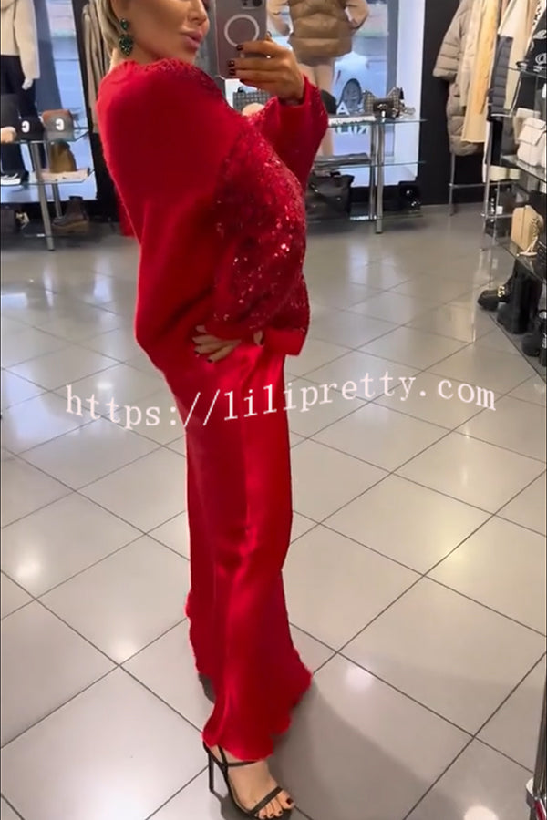 Celebration Day Sequin Patchwork Loose Sweatshirt and Satin Elastic Waist Maxi Skirt Set