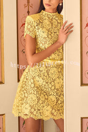 Champagne Toast Flower Lace Short Sleeve Bow Belted Mini Dress