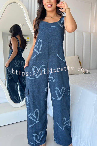 Fashion Cartoon Print Loose Round Neck Back Pleated Casual Pocket Wide Leg Jumpsuit