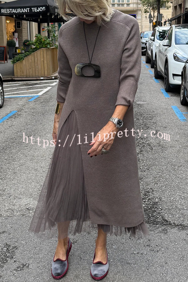 Jollie Knit Long Sleeve Front Slit Midi Sweater and Pleated Tulle Stretch Tank Midi Dress Two-piece Set
