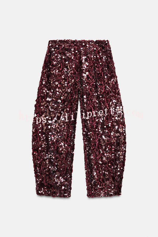 Gala Goddess Sequin High Rise Zipper Waist Wide Leg Pants