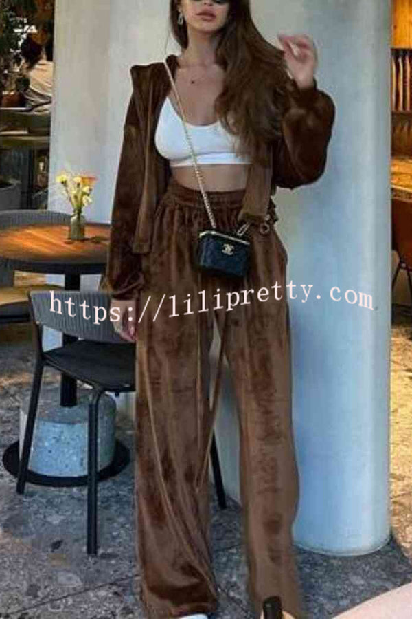 Velvet Casual Zip-up Hooded Top and Elastic Waist Wide Leg Pants Set