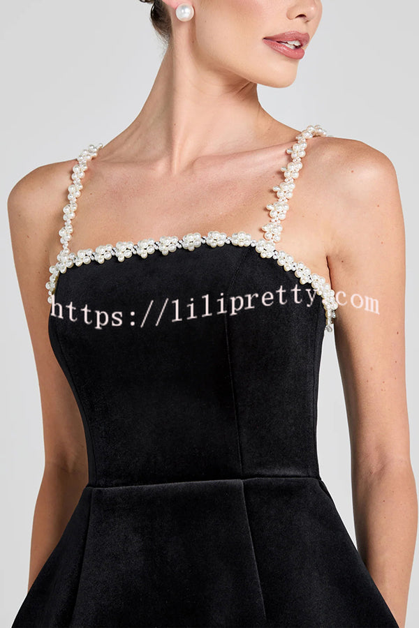 Sweet Poetry Velvet Pearl Trim Straps Pocketed Tulip Style Mini Dress