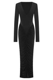 Sexy See-through Long-sleeved V-neck Pleated Slim-fit Maxi Dress