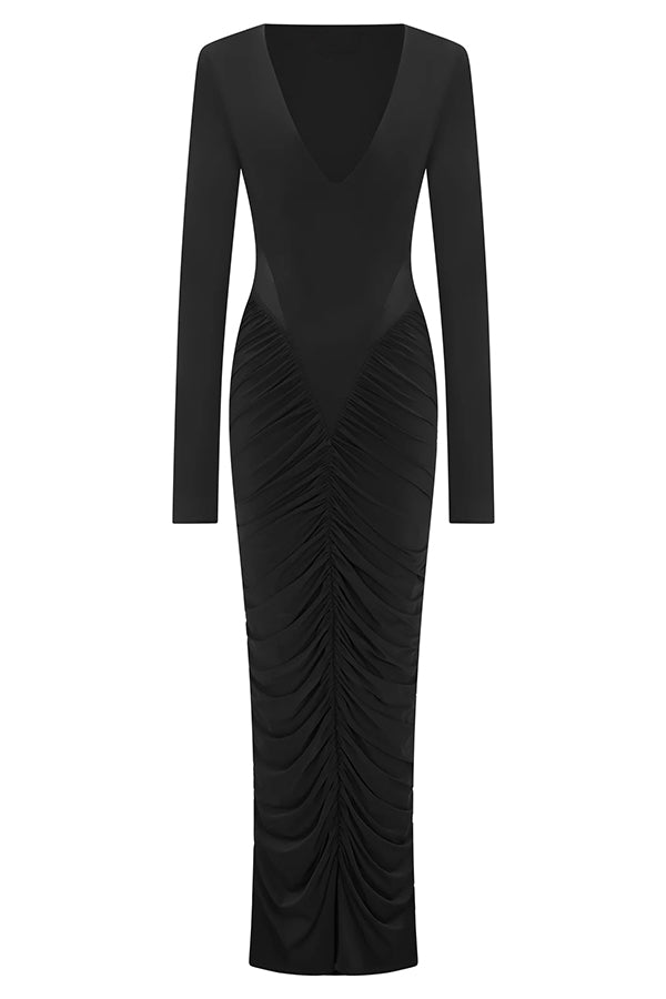 Sexy See-through Long-sleeved V-neck Pleated Slim-fit Maxi Dress