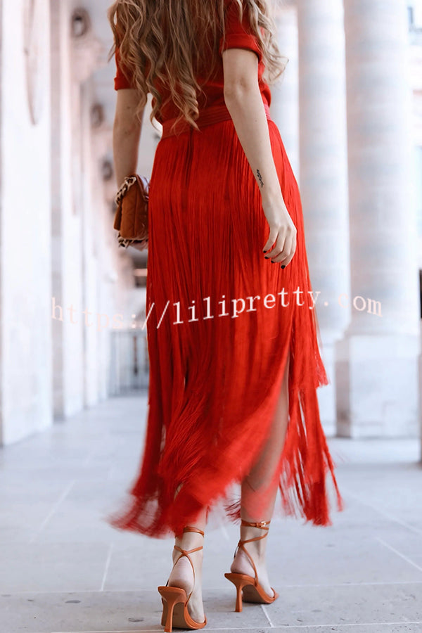 Elegant Tassel Hem Elastic Waist Casual Maxi Skirt