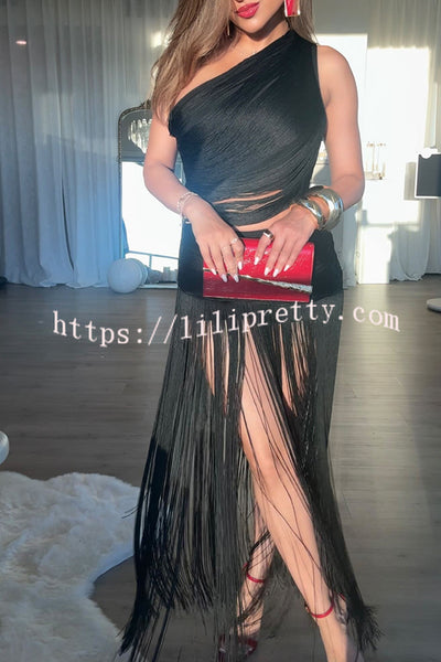 Dancing Miracle One Shoulder High Waist Hollow Design Tassel Hem Drape Mini Dress
