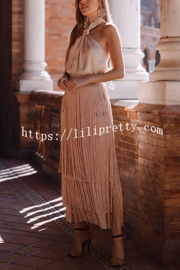 Elegant Tassel Hem Elastic Waist Casual Maxi Skirt