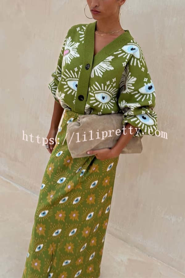 Mysterious Magic Knit Eye Heart Pattern Button Up Long Sleeve Loose Cardigan