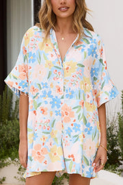 Floral Print Lapel Half Sleeve Tie Waist Loose Rompers