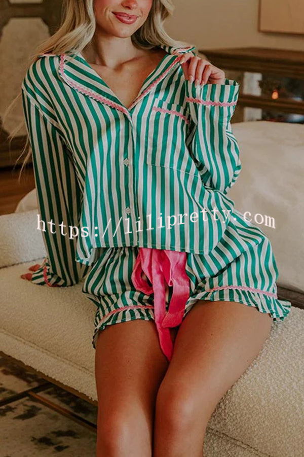 Merry and Bright Satin Striped Color-block Trim Loose Shirt and Elastic Waist Pocket Pajama Set