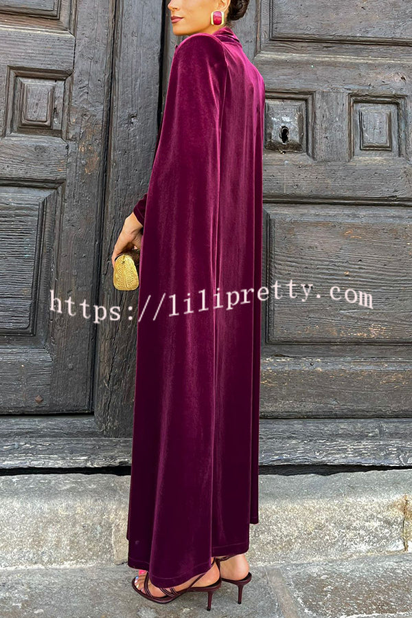 Olivienne Luxurious Velvet Padded Shoulders Slit Sleeve Lapel Midi Cape