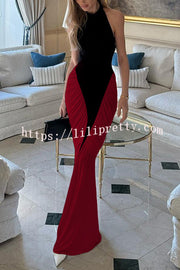 Fashionable Contrast Color Open Back Side Pleated Draped Maxi Dress