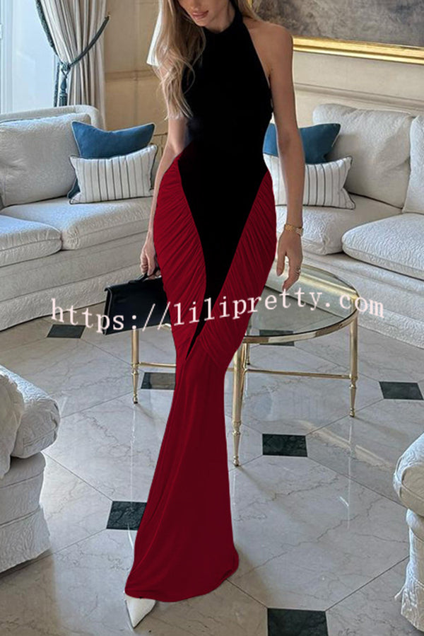 Fashionable Contrast Color Open Back Side Pleated Draped Maxi Dress