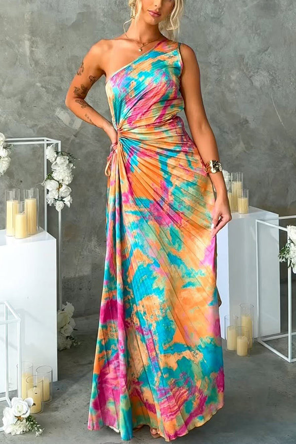 Tejano Satin One Shoulder Adjustable Tie Pleated Maxi Dress