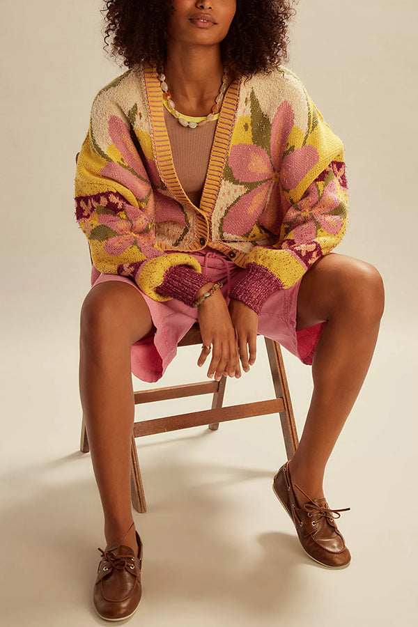 Floral Pattern Loose Long-sleeved Knitted Cardigan