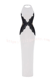 Sexy Halterneck Lace Paneled Backless Slim Maxi Dress