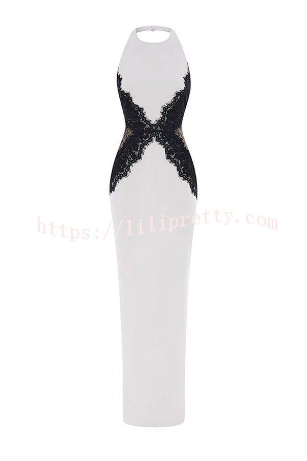 Sexy Halterneck Lace Paneled Backless Slim Maxi Dress