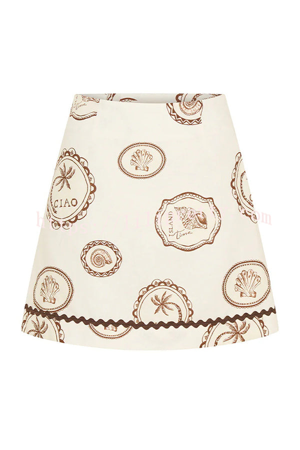 Resort Style Print Lapel Short Sleeve Shirt and Casual Mini Skirt Set