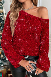 Fashionable Sequined Long-sleeved Off-neck Casual Top