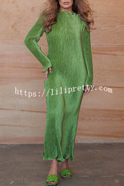 Hansin Satin Pleated Fabric Long Sleeve Wavy Trim H-line Slit Midi Dress
