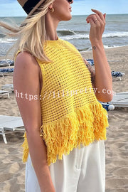 Solid Color Round Neck Sleeveless Hollow Tassel Loose Vest