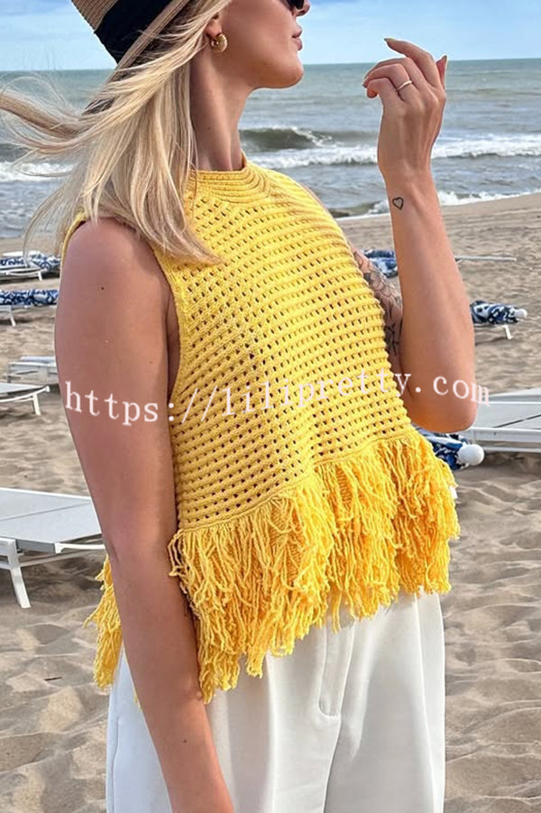 Solid Color Round Neck Sleeveless Hollow Tassel Loose Vest