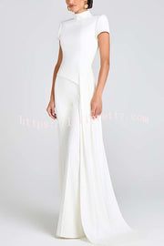 Pippa High Neck Short Sleeve Irregular Drape Hem Top and Elastic Waist Flare Pants Set