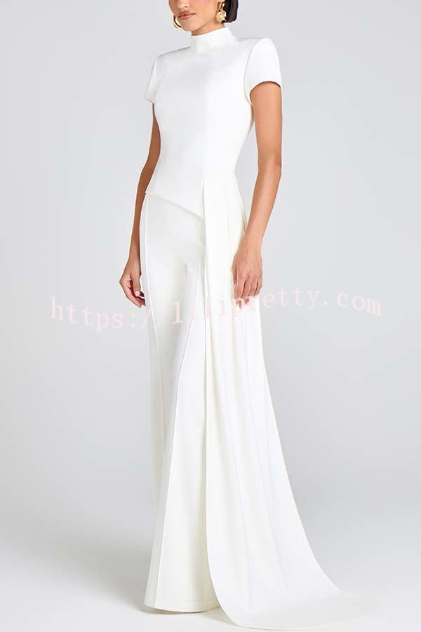 Pippa High Neck Short Sleeve Irregular Drape Hem Top and Elastic Waist Flare Pants Set