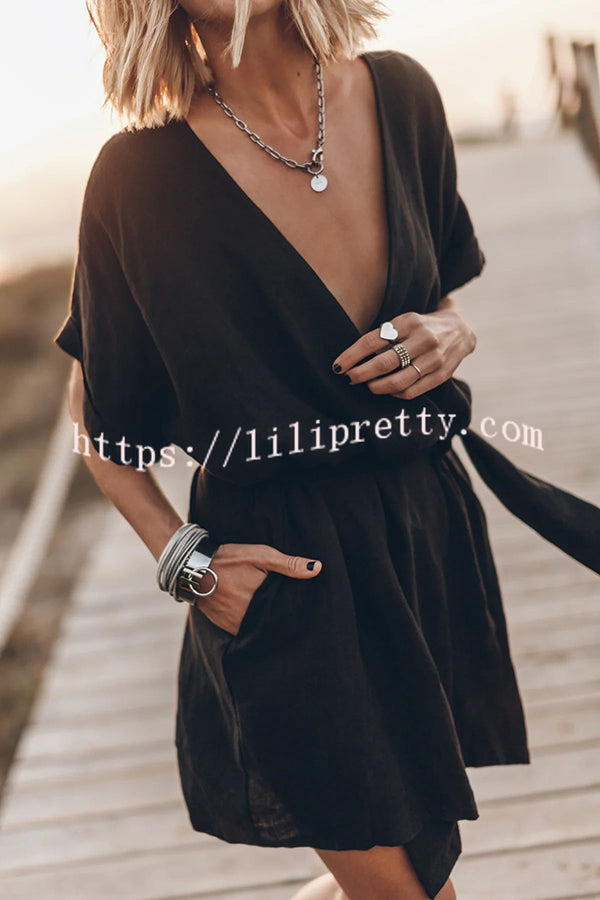 Lilipretty Breezy Retreat Cotton Linen Blend Pocketed Belt Kimono Mini Dress