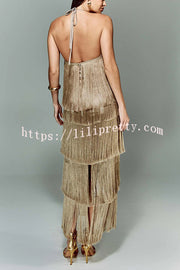 Sexy Halterneck Backless Elegant Fringe Maxi Dress